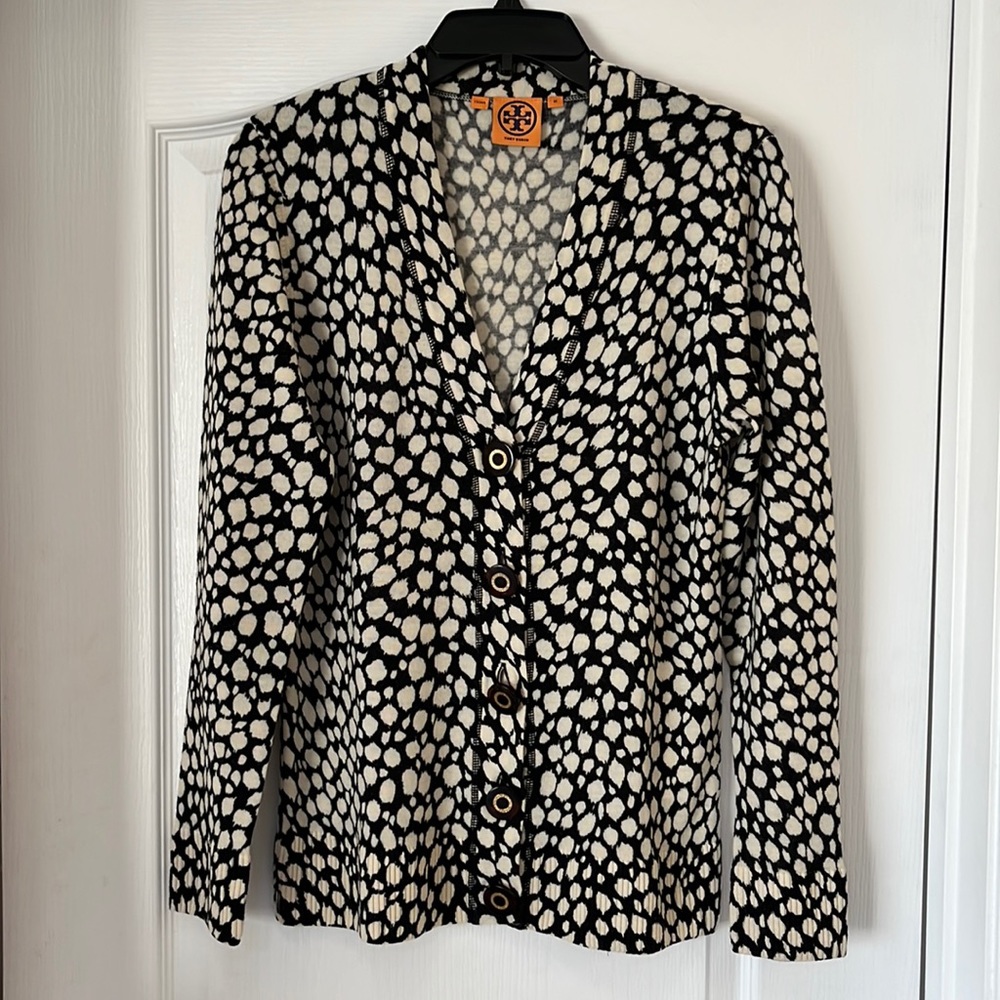 Tory Burch Black and Cream Patterned Button Cardigan